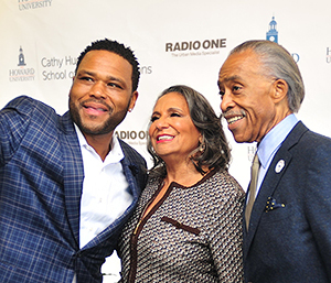 Award-winning Actor Anthony Anderson, Radio One, Inc. Founder and Chairperson Cathy Hughes, and civil rights activist and television host Rev. Al Sharpton at the Cathy Hughes School of Communications at Howard University Celebratory Brunch at Howard University on Sunday October 23, 2016 in Washington.