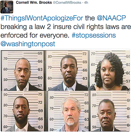 Twitter Photo capture of NAACP President Cornell William Brooks and five others’ mugshots, who staged a sit-in on Tuesday at the Alabama office of Sen. Jeff Sessions, protesting his nomination by President-elect Donald Trump.  (Photo capture: Twitter/NAACP)
